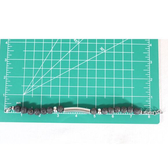 Bohemian Bracelet Silver Tone Chain Lava Stone Black Beads Lobster Claw Clasp - Picture 8 of 8